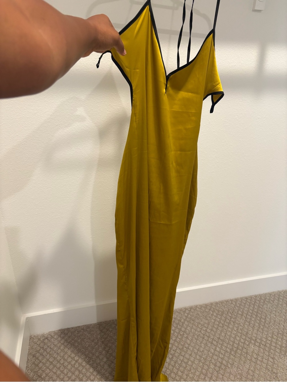 Satin V-Neck Slip Dress in Mustard with Black Trim
